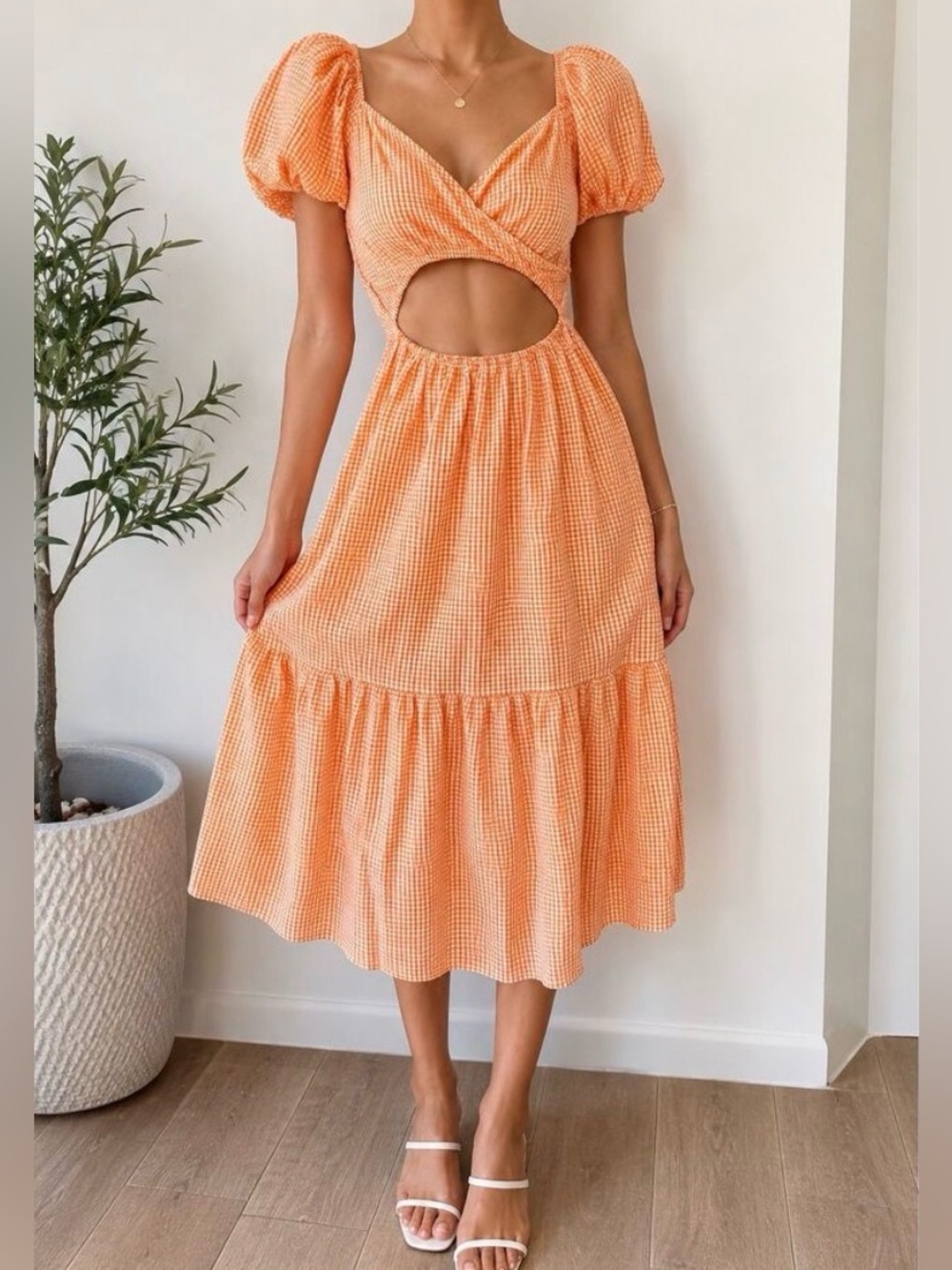 Sim and Sam Cutout Puff-Sleeve Midi Dress - Orange Gingham, Cottage Core Sz L